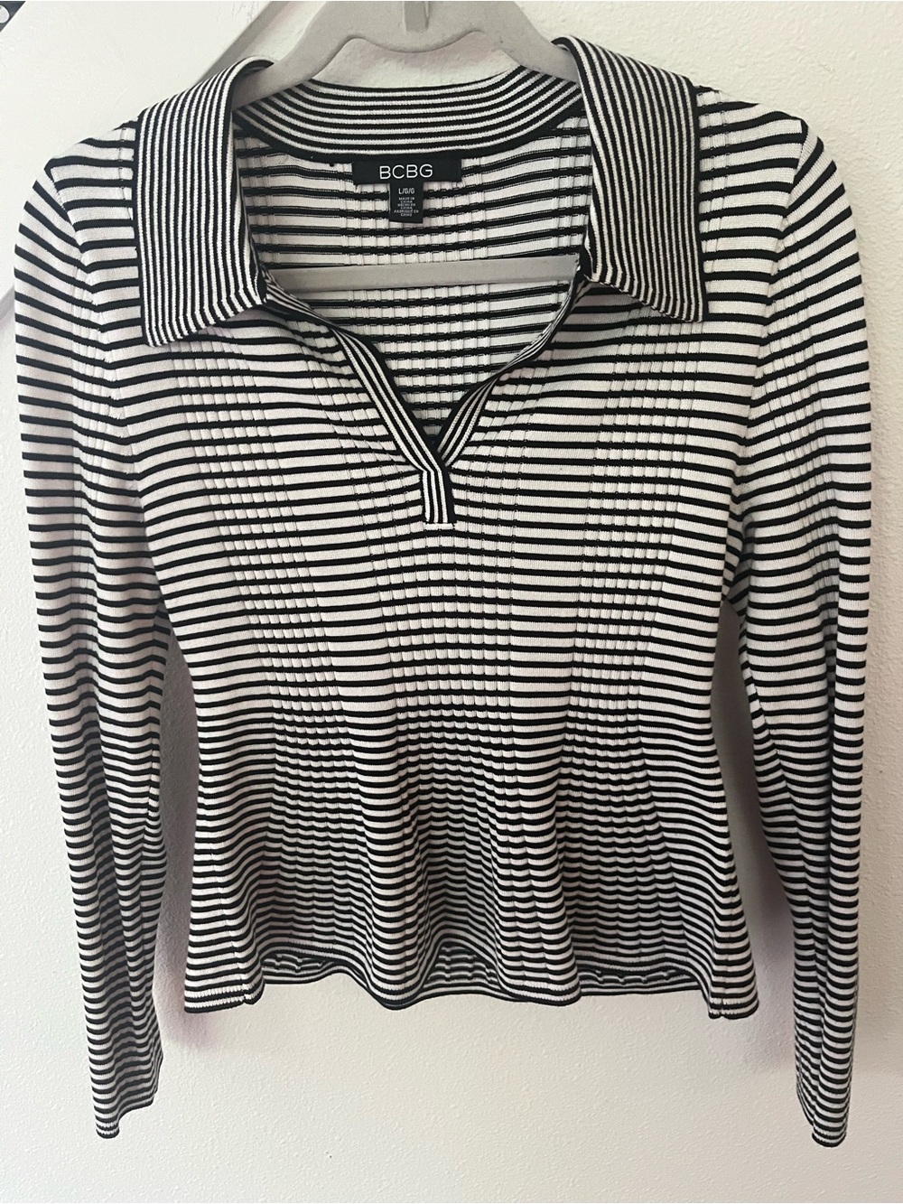 BCBG Black and White Striped Long-Sleeve Polo Top